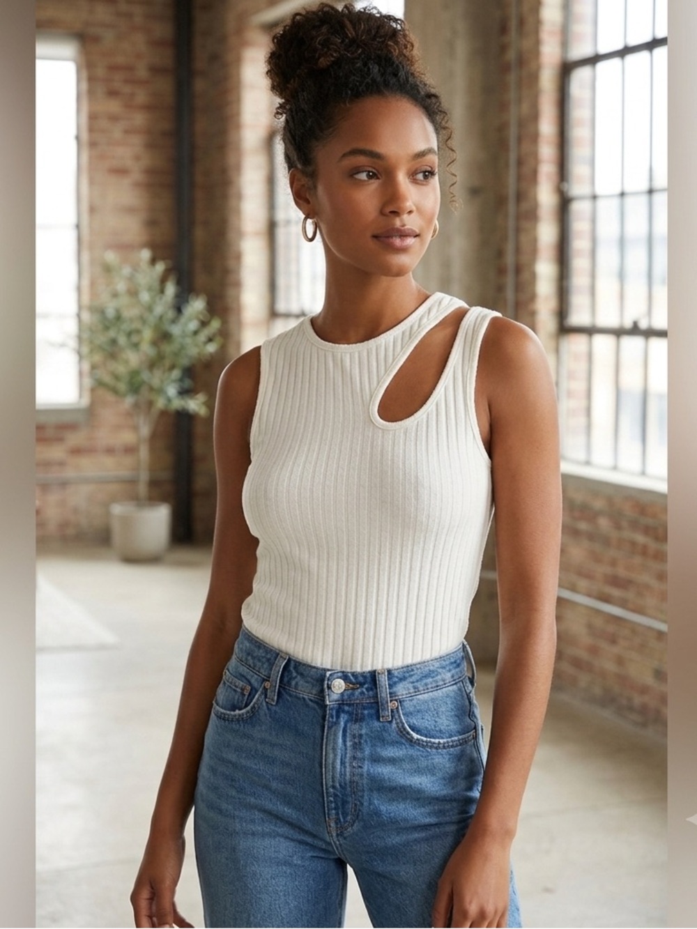 Maeve Cream Asymmetrical Ribbed Tank Top